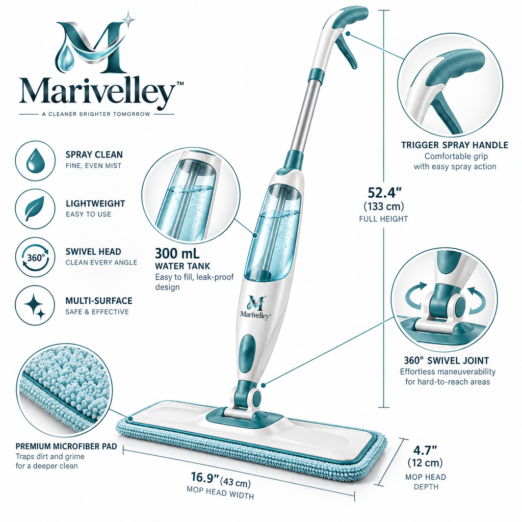 Marivelley™ MistGlide Spray Mop – Refillable Floor Cleaning Mop with Fine-Mist Sprayer & Reusable Microfiber Pad