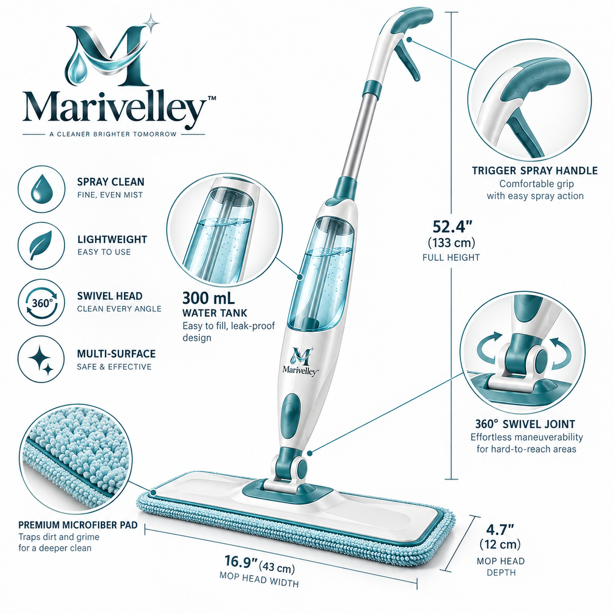 Marivelley™ MistGlide Spray Mop – Refillable Floor Cleaning Mop with Fine-Mist Sprayer & Reusable Microfiber Pad