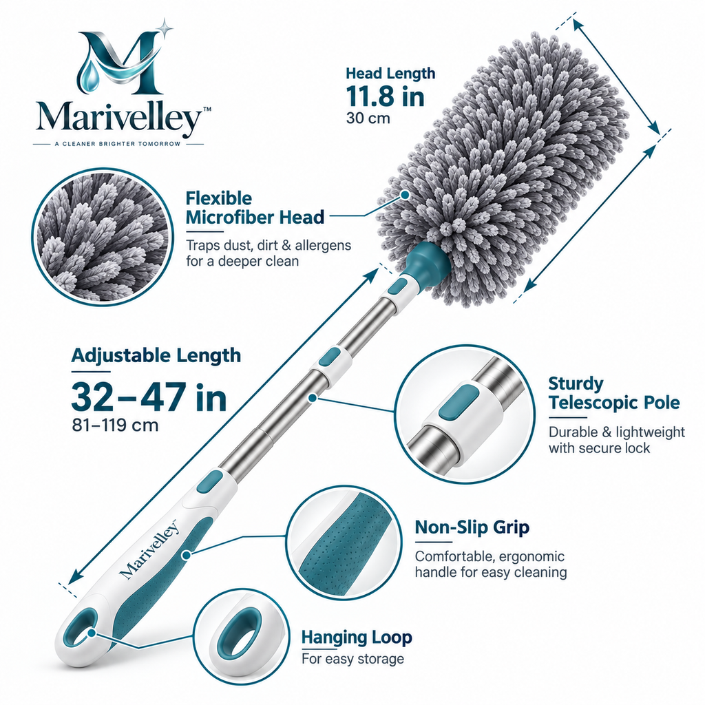 Marivelley™ ReachCloud Extendable Duster – Flexible Long-Reach Microfiber Dusting Wand for Ceilings, Fans, Furniture & Hard-to-Reach Spaces