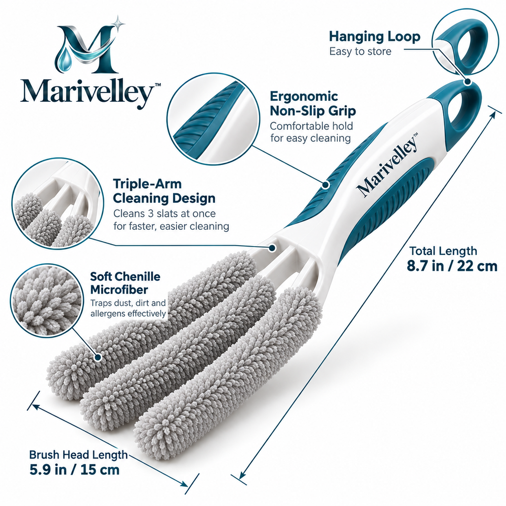 Marivelley™ Dual-Sided Blind Cleaning Brush – Multi-Slat Dusting Tool for Window Blinds, Shutters, Vents & Narrow Household Surfaces