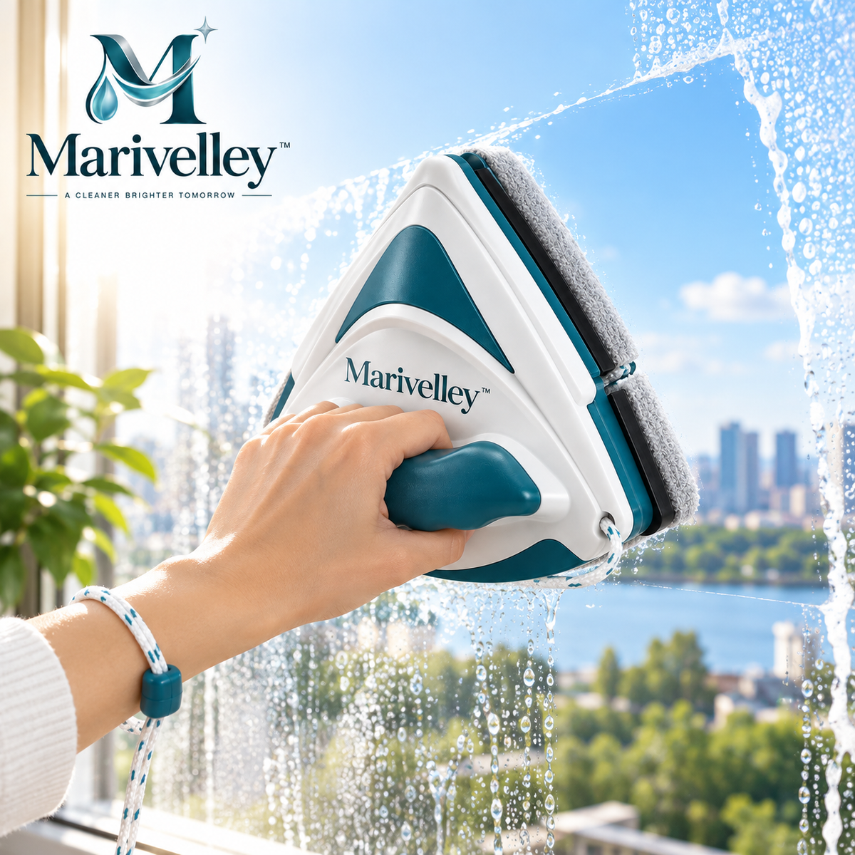 Marivelley™ TwinGlide Double-Sided Window Cleaner – Magnetic Glass Cleaning Tool with Safety Cord for Interior & Exterior Window Care