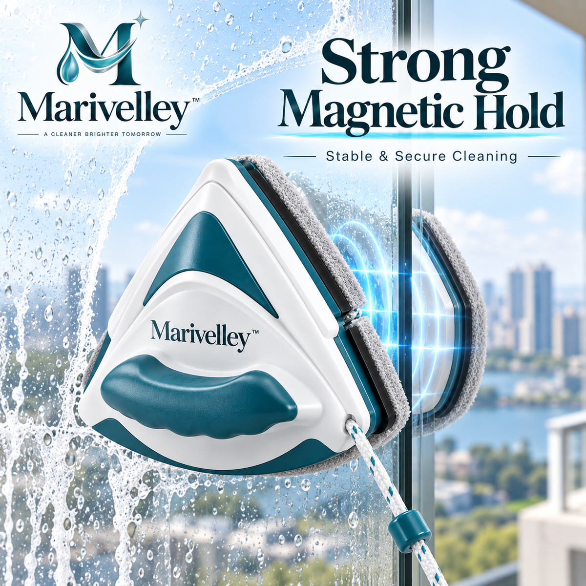 Marivelley™ TwinGlide Double-Sided Window Cleaner – Magnetic Glass Cleaning Tool with Safety Cord for Interior & Exterior Window Care