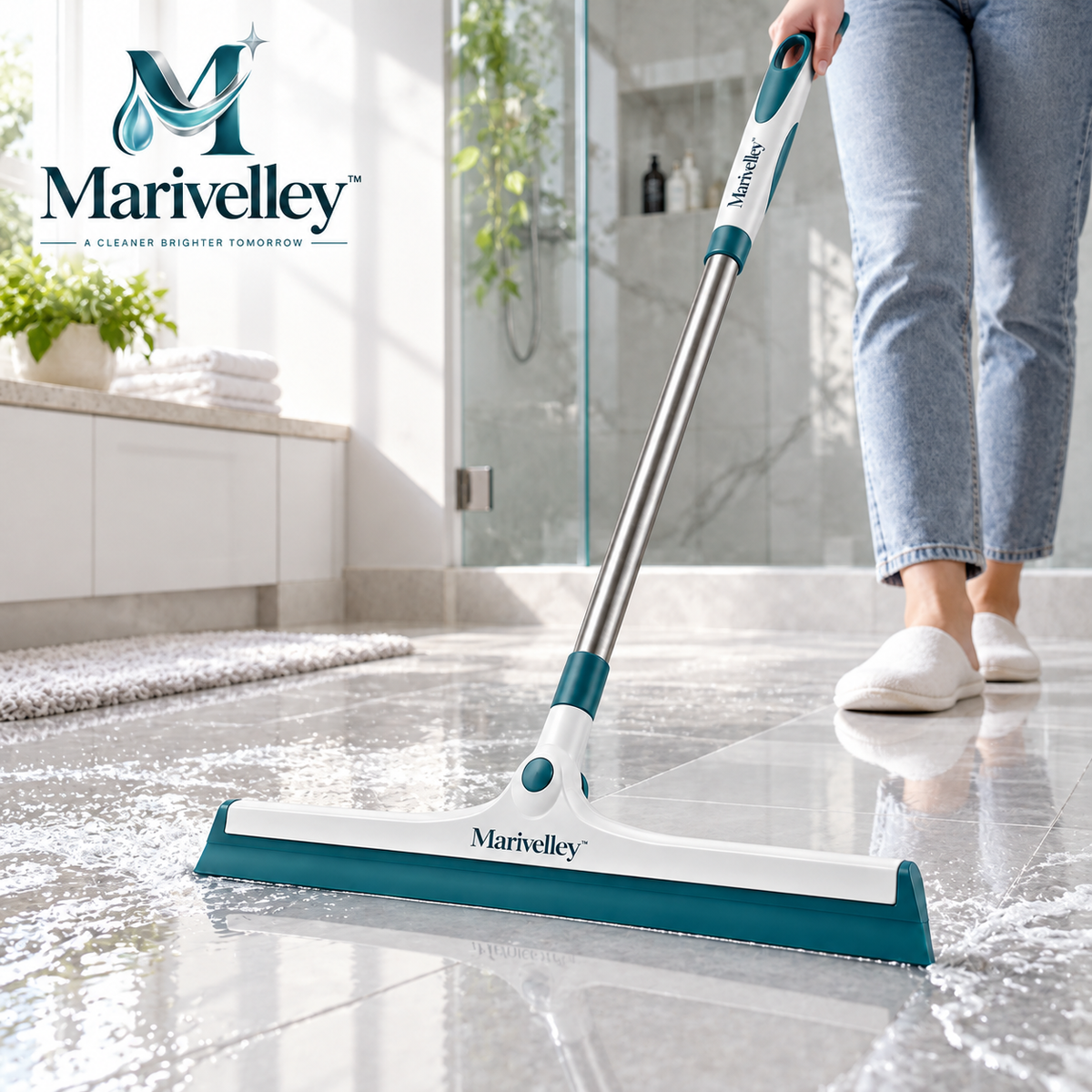 Marivelley™ PushDry Floor Squeegee – Wide-Blade Water Sweeper for Bathrooms, Garages, Patios & Hard Floors