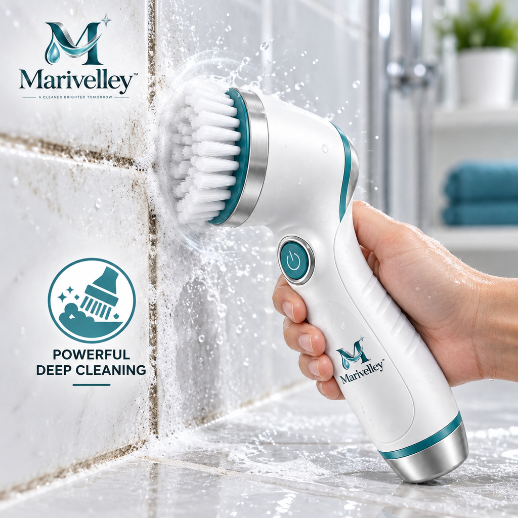 Marivelley™ Cordless Electric Spin Cleaning Brush – Rechargeable Multi-Head Scrubber with Extendable Handle for Bathroom, Kitchen & Home Cleaning