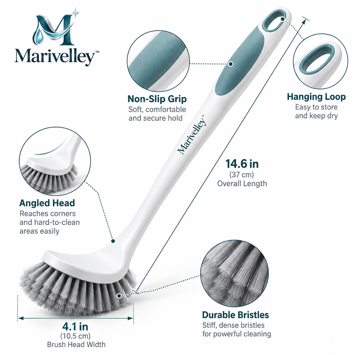 Marivelley™ ReachEase Long-Handle Bathroom Scrub Brush – Extendable Floor & Shower Cleaning Brush for Tile, Tub, Grout & Hard-to-Reach Areas