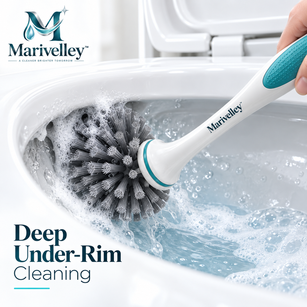 Marivelley™ DeepReach Toilet Cleaning Brush – Under-Rim Bowl Scrubber with Quick-Dry Holder for Everyday Bathroom Cleaning